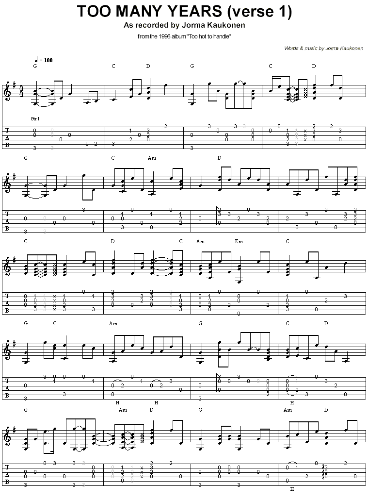 La tab de "Too many years" (verse 1)